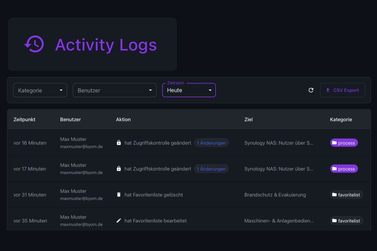 Activity Log mit Filter-Optionen und Änderungshistorie